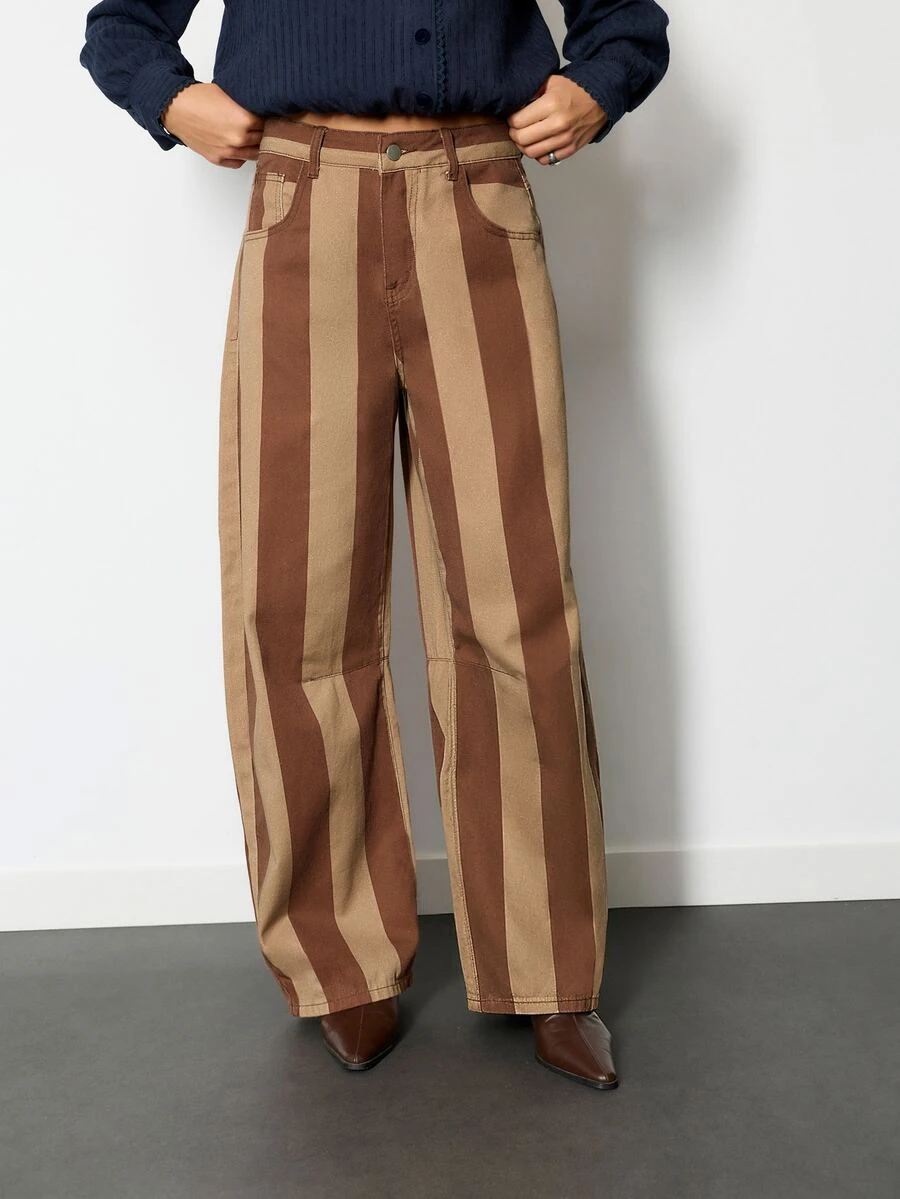 Nöista Caramel Brown Striped Trousers, Loose-Fitting. Comfortable Forgiving. Workwear/Casual, Suitable Wear, Commuting, Versatile .Fall/Winter,Basic /Chic - Brown - View 1