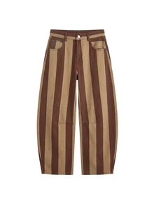 Nöista Caramel Brown Striped Trousers, Loose-Fitting. Comfortable Forgiving. Workwear/Casual, Suitable Wear, Commuting, Versatile .Fall/Winter,Basic /Chic - Brown - View 6