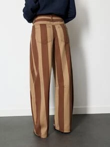 Nöista Caramel Brown Striped Trousers, Loose-Fitting. Comfortable Forgiving. Workwear/Casual, Suitable Wear, Commuting, Versatile .Fall/Winter,Basic /Chic - Brown - View 4