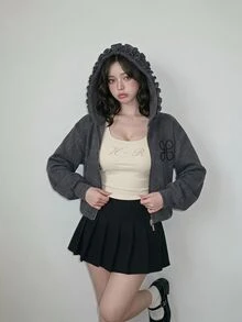 FRIFUL Women's Casual Cute Hooded Ruched Design Embroidered Bishop Sleeve Sweatshirt Everyday School Dark Grey Grey Fall Home Hoodies - Grey - View 3