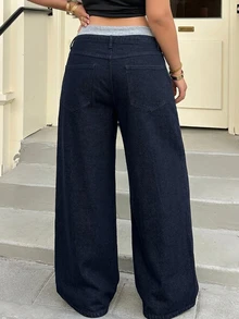 REIGN AVE Plus Size Women Casual Loose Straight Leg Color Block Waist Decorated Denim Jeans, All Season - Dark Wash - View 2