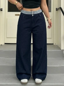 REIGN AVE Plus Size Women Casual Loose Straight Leg Color Block Waist Decorated Denim Jeans, All Season - Dark Wash - View 6