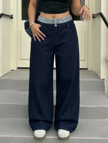 REIGN AVE Plus Size Women Casual Loose Straight Leg Color Block Waist Decorated Denim Jeans, All Season - Dark Wash - View 8