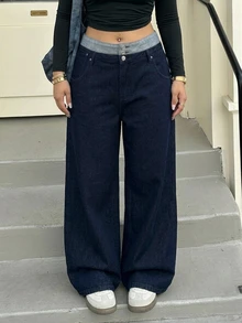 REIGN AVE Plus Size Women Casual Loose Straight Leg Color Block Waist Decorated Denim Jeans, All Season - Dark Wash - View 9