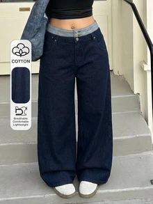 REIGN AVE Plus Size Women Casual Loose Straight Leg Color Block Waist Decorated Denim Jeans, All Season - Dark Wash - View 1