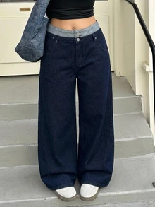 REIGN AVE Plus Size Women Casual Loose Straight Leg Color Block Waist Decorated Denim Jeans, All Season - Dark Wash - View 10