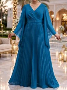 Fleurora Plus Size Women's Elegant Dress With Overlap V-Neck, Bell Sleeves And Pleated Hem - Teal Blue - View 4
