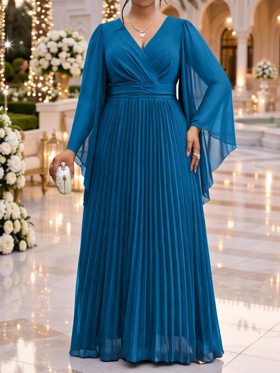 Fleurora Plus Size Women's Elegant Dress With Overlap V-Neck, Bell Sleeves And Pleated Hem - Teal Blue - View 1