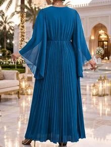 Fleurora Plus Size Women's Elegant Dress With Overlap V-Neck, Bell Sleeves And Pleated Hem - Teal Blue - View 2