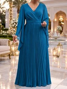 Fleurora Plus Size Women's Elegant Dress With Overlap V-Neck, Bell Sleeves And Pleated Hem - Teal Blue - View 6