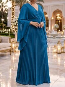 Fleurora Plus Size Women's Elegant Dress With Overlap V-Neck, Bell Sleeves And Pleated Hem - Teal Blue - View 3