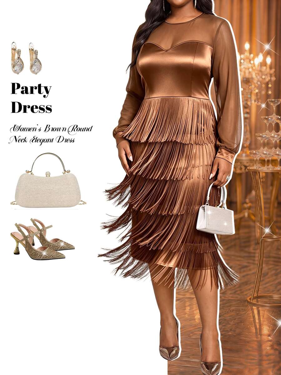 Fleurora Plus Size Solid Color Contrast Mesh Long Sleeve Fringe Dress For Four Seasons Fall - Coffee Brown - View 1