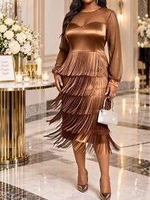 Fleurora Plus Size Solid Color Contrast Mesh Long Sleeve Fringe Dress For Four Seasons Fall - Coffee Brown - View 6