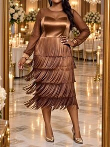 Fleurora Plus Size Solid Color Contrast Mesh Long Sleeve Fringe Dress For Four Seasons Fall - Coffee Brown - View 3