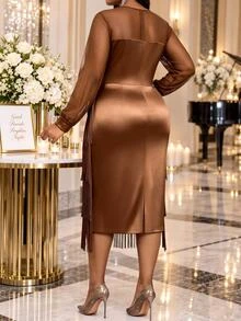 Fleurora Plus Size Solid Color Contrast Mesh Long Sleeve Fringe Dress For Four Seasons Fall - Coffee Brown - View 2