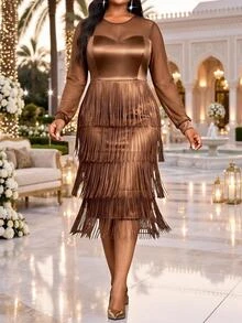 Fleurora Plus Size Solid Color Contrast Mesh Long Sleeve Fringe Dress For Four Seasons Fall - Coffee Brown - View 5