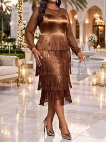 Fleurora Plus Size Solid Color Contrast Mesh Long Sleeve Fringe Dress For Four Seasons Fall - Coffee Brown - View 4