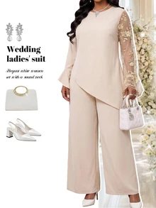 Fleurora Plus Size Women's Patchwork Embroidered Mesh Bell Sleeve Asymmetrical Hem Top And Wide Leg Pants Elegant 2 Pieces Set Fall - Khaki - View 1