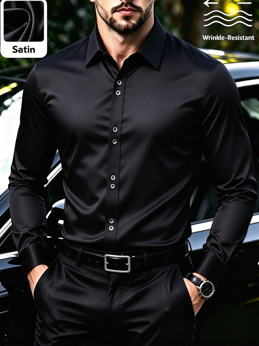 Manfinity Mode 男士純色休閒百搭日常穿著襯衫,正式感,老錢風 - 黑色 - 查看 1
