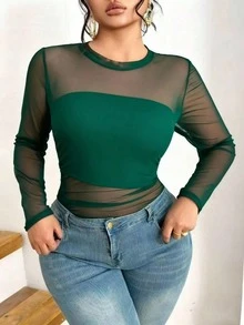 Elenzga Christmas Plus Size Classic Versatile Black Sexy Round Neck Long Sleeve Mesh T-Shirt Fall - Dark Green - View 6