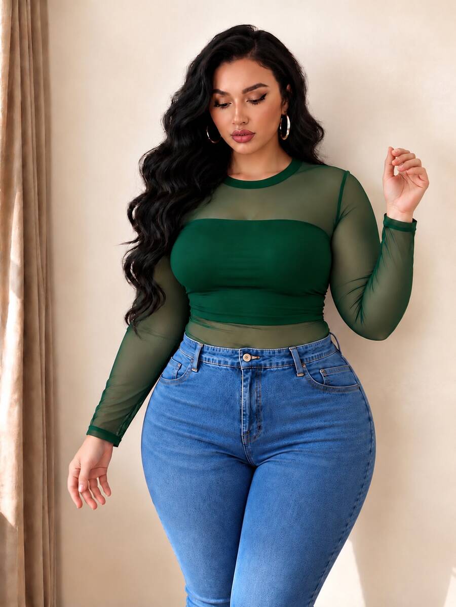 Elenzga Christmas Plus Size Classic Versatile Black Sexy Round Neck Long Sleeve Mesh T-Shirt Fall - Dark Green - View 1