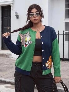 TOM & JERRY X SHEIN SHEIN EZwear 大尺碼女款卡通圖案長袖單排扣針織開襟衫，適合外出、街頭穿搭、機場冬季穿著 - 彩色 - 查看 5