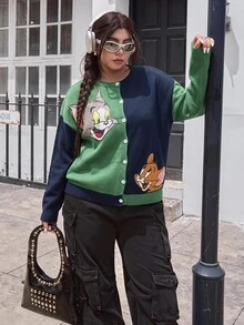 TOM & JERRY X SHEIN SHEIN EZwear 大尺碼女款卡通圖案長袖單排扣針織開襟衫，適合外出、街頭穿搭、機場冬季穿著 - 彩色 - 查看 3