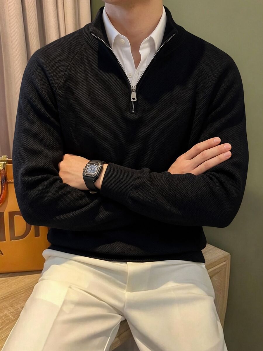Claim Dot Men's Turn Collar Half Zip Minimalist Casual Sweater - Black - View 1