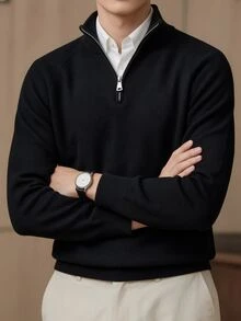 Claim Dot Men's Turn Collar Half Zip Minimalist Casual Sweater - Black - View 7