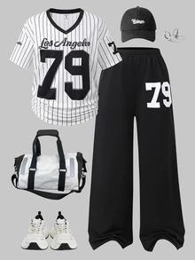 SHEIN 2 件套青少年女孩休闲时尚数字图案 V 领上衣和阔腿运动裤套装 - 彩色 - 查看 1