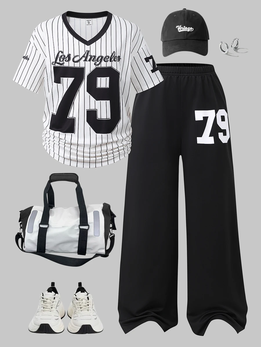 SHEIN 2 件套青少年女孩休闲时尚数字图案 V 领上衣和阔腿运动裤套装 - 彩色 - 查看 1