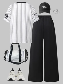 SHEIN 2 件套青少年女孩休闲时尚数字图案 V 领上衣和阔腿运动裤套装 - 彩色 - 查看 2