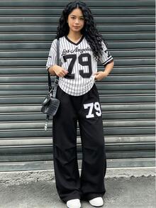 SHEIN 2 件套青少年女孩休闲时尚数字图案 V 领上衣和阔腿运动裤套装 - 彩色 - 查看 3
