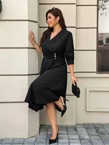 Easura Plus Size Button Ruched Waist Full Skirt Dress - Black - View 1