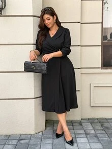 Easura Plus Size Button Ruched Waist Full Skirt Dress - Black - View 6