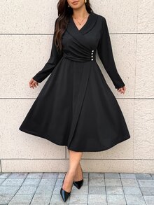 Easura Plus Size Button Ruched Waist Full Skirt Dress - Black - View 5