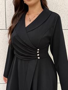 Easura Plus Size Button Ruched Waist Full Skirt Dress - Black - View 4