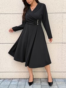 Easura Plus Size Button Ruched Waist Full Skirt Dress - Black - View 3