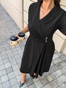 Easura Plus Size Button Ruched Waist Full Skirt Dress - Black - View 2