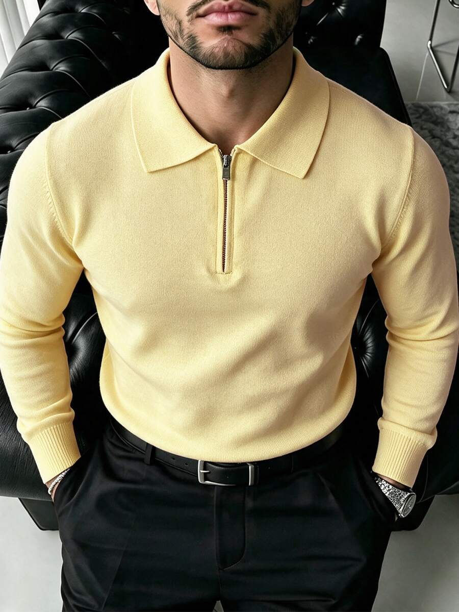 Manfinity Homme 男士素色休閒日常穿著長袖修身拉鍊 Polo 毛衣,輕奢老錢風正式休閒風 - 彩色 - 查看 1