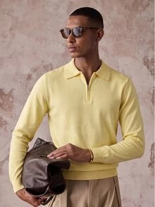 Manfinity Homme 男士素色休閒日常穿著長袖修身拉鍊 Polo 毛衣，輕奢老錢風正式休閒風 - 彩色 - 查看 4