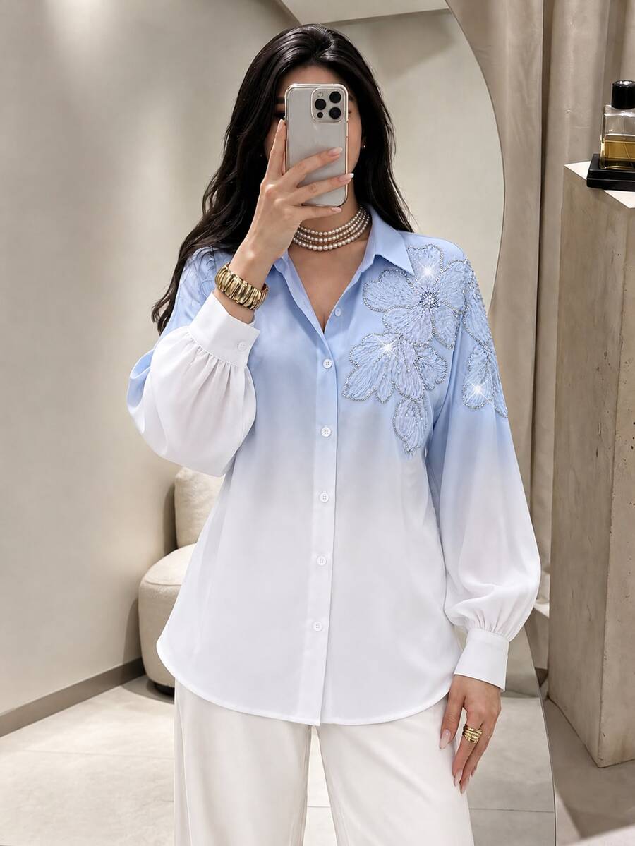 Modelyn Elegant Ellegant Light Blue Beaded Floral Dropped Shoulder Sleeve Fashionable Women Blouse Dining Autumn