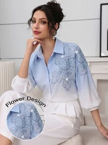 Modelyn Elegant Ellegant Light Blue Beaded Floral Dropped Shoulder Sleeve Fashionable Women Blouse Dining Autumn - Multicolor - View 6