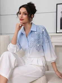 Modelyn Elegant Ellegant Light Blue Beaded Floral Dropped Shoulder Sleeve Fashionable Women Blouse Dining Autumn - Multicolor - View 8