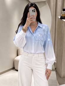 Modelyn Elegant Ellegant Light Blue Beaded Floral Dropped Shoulder Sleeve Fashionable Women Blouse Dining Autumn - Multicolor - View 10