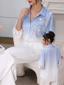Modelyn Elegant Ellegant Light Blue Beaded Floral Dropped Shoulder Sleeve Fashionable Women Blouse Dining Autumn - Multicolor - View 4