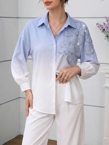 Modelyn Elegant Ellegant Light Blue Beaded Floral Dropped Shoulder Sleeve Fashionable Women Blouse Dining Autumn - Multicolor - View 9