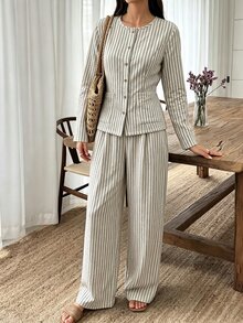 SHEIN LUNE Women's 2 Pieces Set, Round Neck Striped Linen-Like Casual Long Sleeve Shirt, Comfortable Versatile Home Wear - Multicolor - View 4