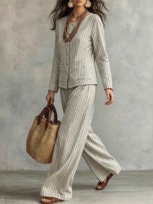 SHEIN LUNE Women's 2 Pieces Set, Round Neck Striped Linen-Like Casual Long Sleeve Shirt, Comfortable Versatile Home Wear - Multicolor - View 7