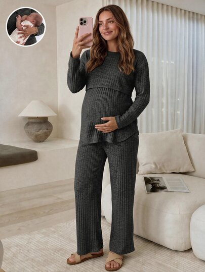Slowluna Maternity Solid Color Crew Neck Long Sleeve T-Shirt And Pants Casual Nursing 2 Pieces Set Fall